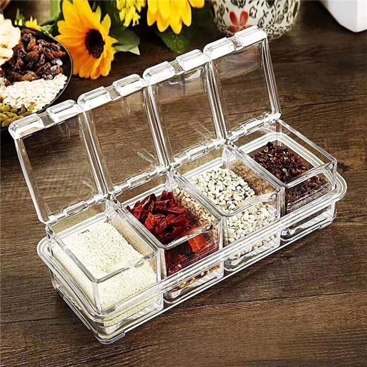 4 Grid Acrylic Seasoning Spice Box Kit with Spoon Kitchen Masala Container Seasoning Organizers Crystal Spice Box, For Kitchen thumbnail