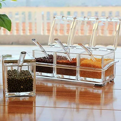 4 Grid Acrylic Seasoning Spice Box Kit with Spoon Kitchen Masala Container Seasoning Organizers Crystal Spice Box, For Kitchen thumbnail
