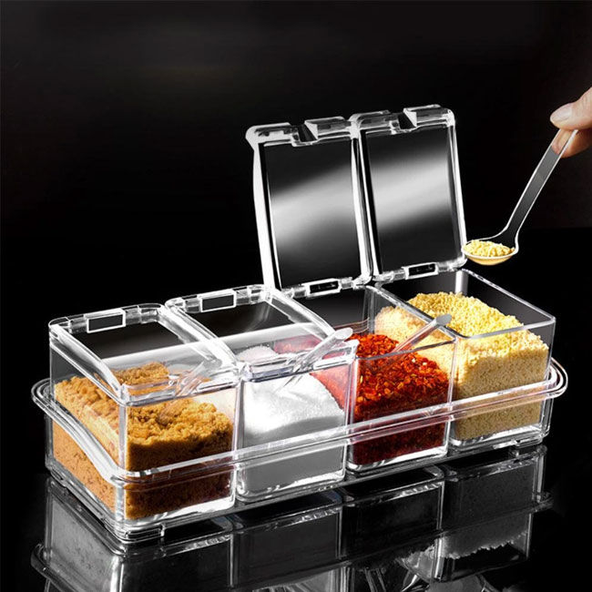 4 Grid Acrylic Seasoning Spice Box Kit with Spoon Kitchen Masala Container Seasoning Organizers Crystal Spice Box, For Kitchen thumbnail