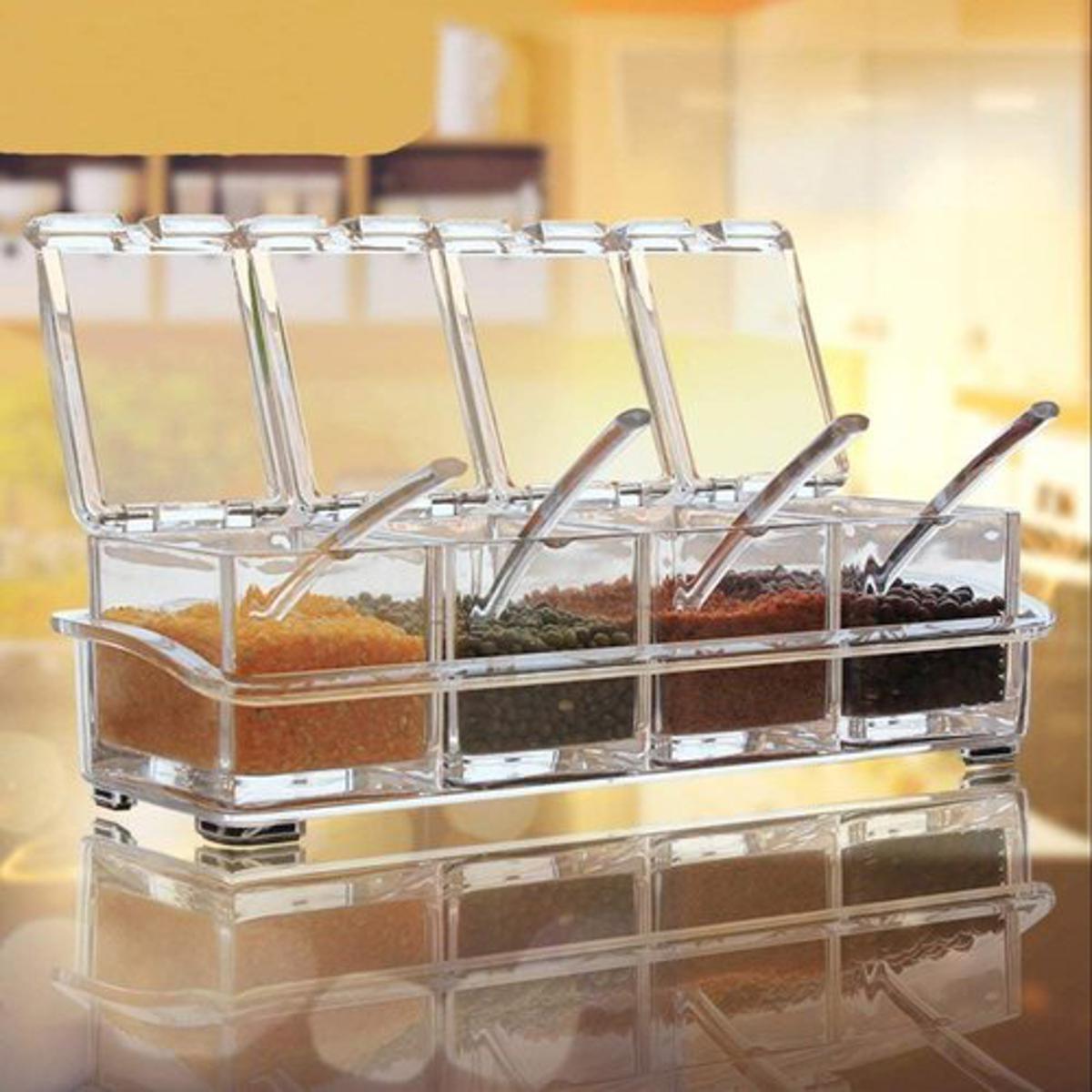 4 Grid Acrylic Seasoning Spice Box Kit with Spoon Kitchen Masala Container Seasoning Organizers Crystal Spice Box, For Kitchen thumbnail